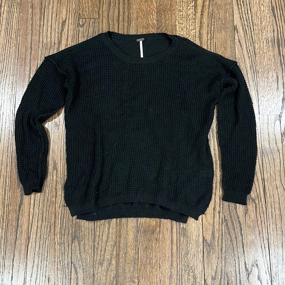 Black waffle cold shoulder sweater